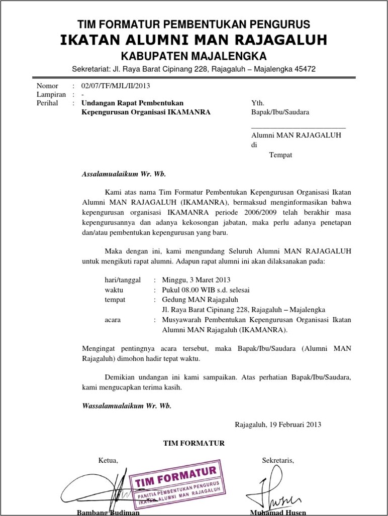 Contoh Surat Undangan Rapat Pembentukan Struktur Organisasi Sekolah Dasar