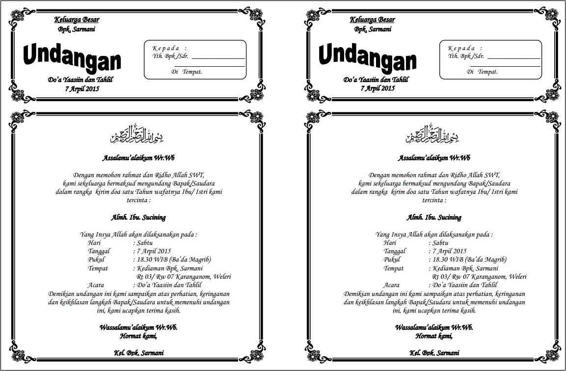 Contoh Surat Undangan Selamatan Orang Meninggal