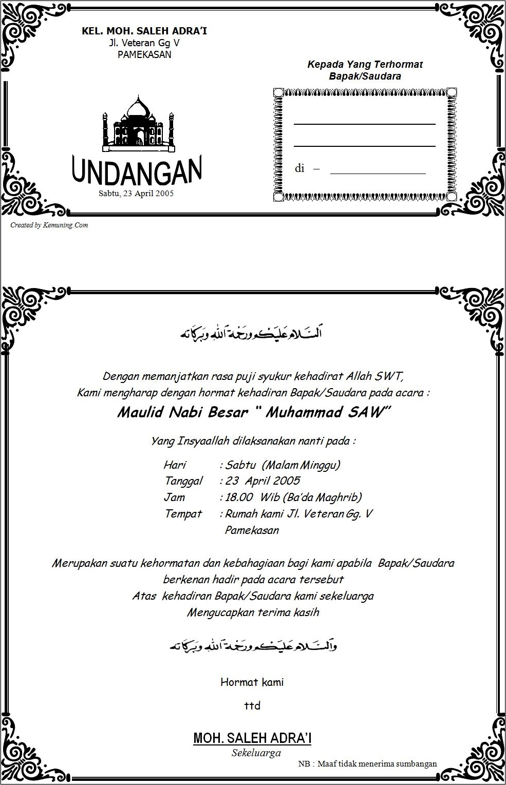 Contoh Surat Undangan Sidi Baru