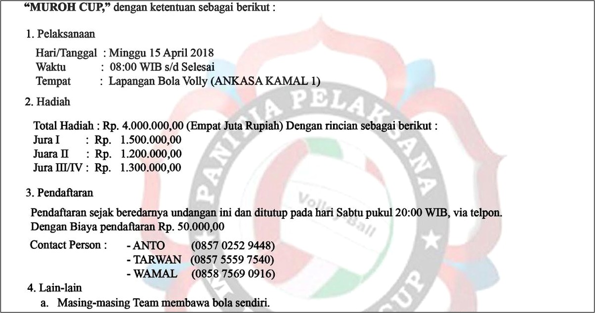 Contoh Surat Undangan Team Volley Untuk Tournament