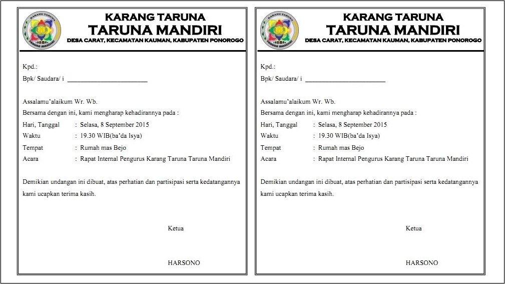 Contoh Surat Undangan Untuk Anggota Karang Taruna Ikut Acara Outbond