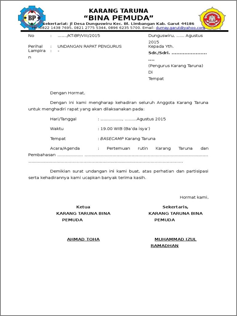 Contoh Surat Undangan Untuk Mengahdiri Rapat Karang Taruna