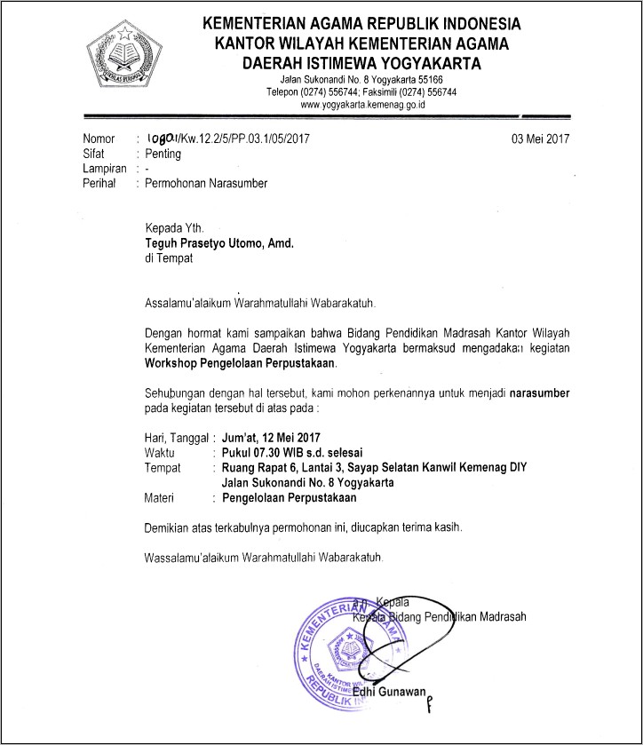 Contoh Surat Undangan Untuk Pengisi Materi Yang Formal