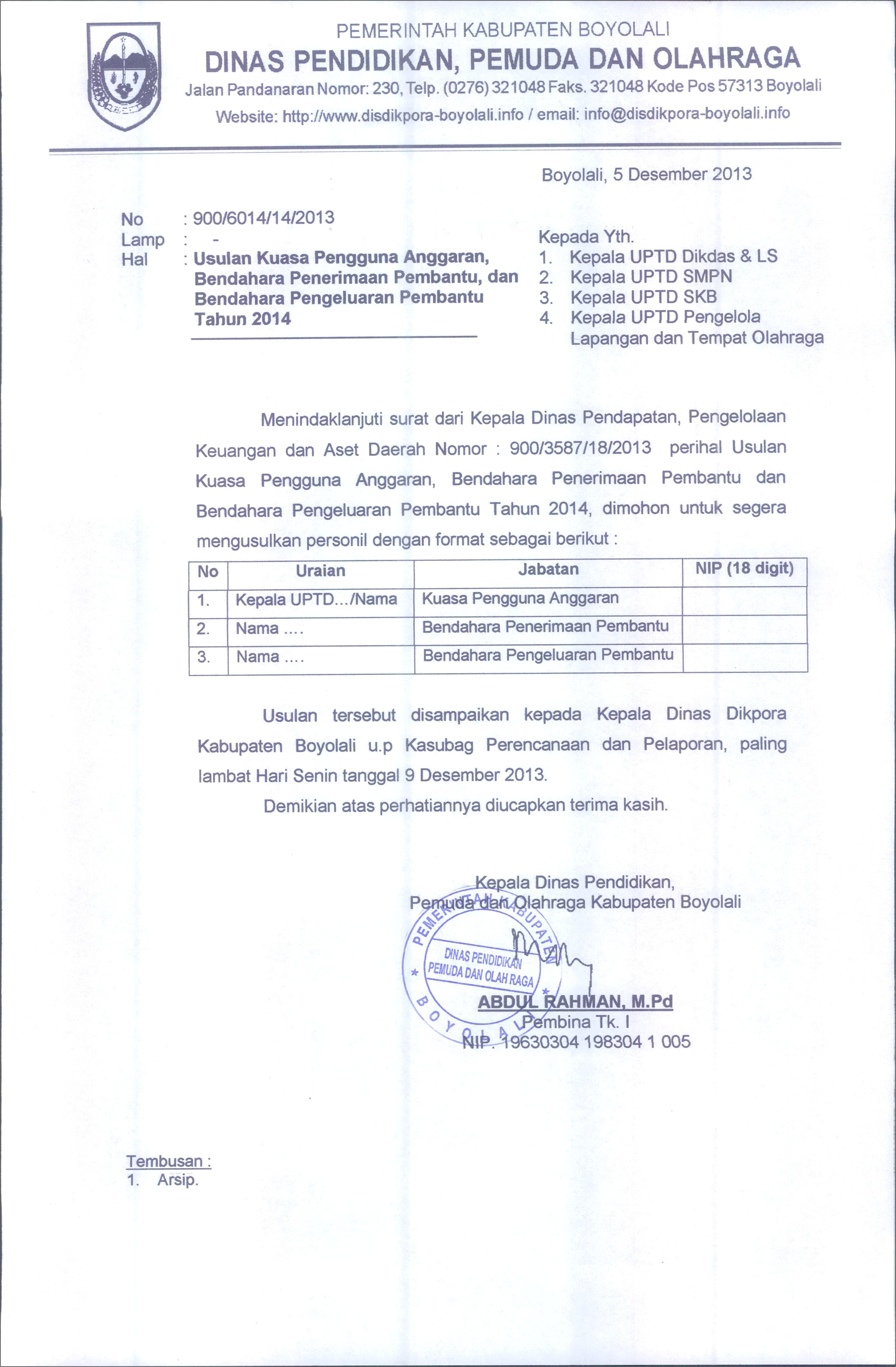Contoh Surat Usul Permohonan Jadi Kasubbag