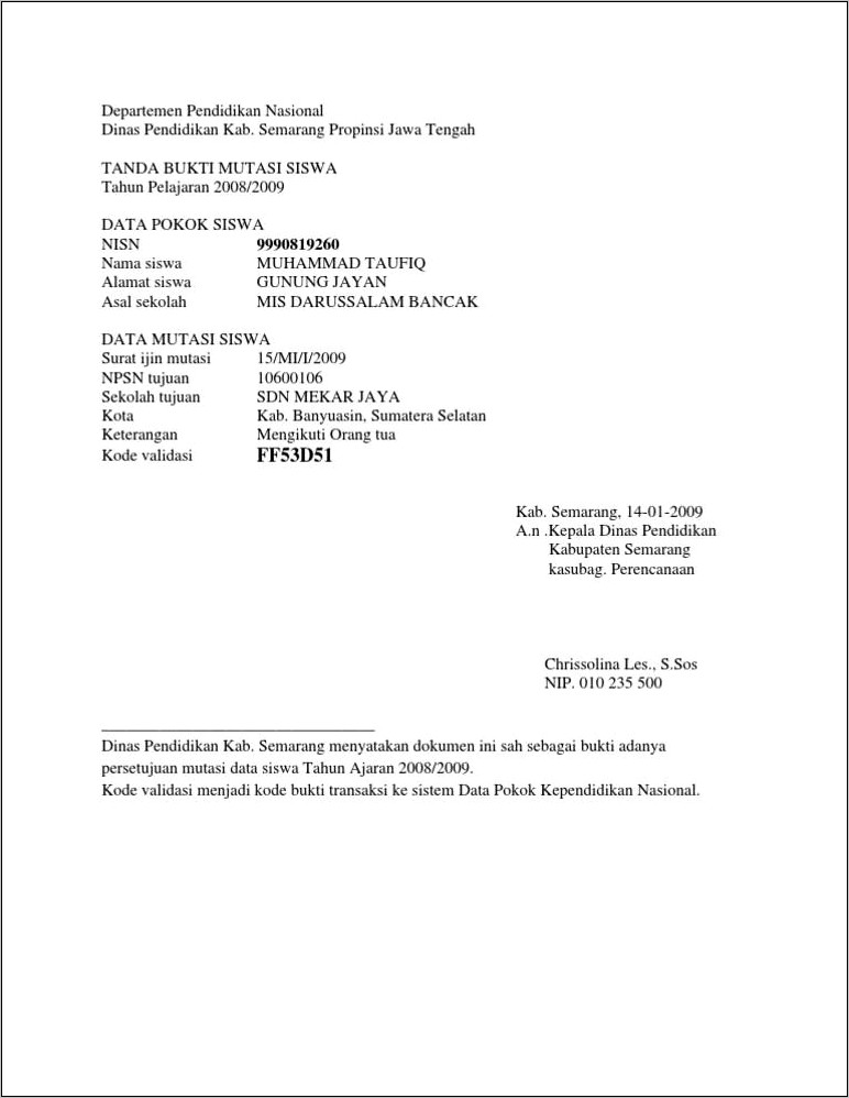 Contoh Surat Validasi Dinas Pendidikan
