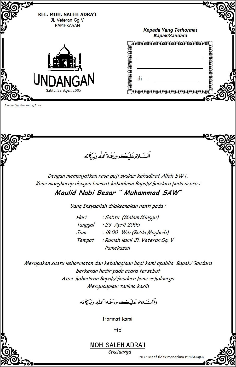 Contoh Tujuan Undangan Surat Kebersamaan Maulid