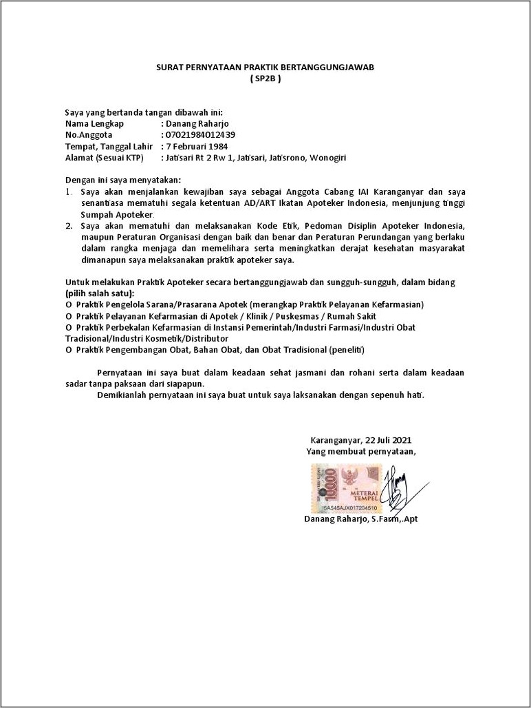 Contoh Untuk Surat Pernyataan Praktik Bertanggung Jawab Di Rumah Sakit