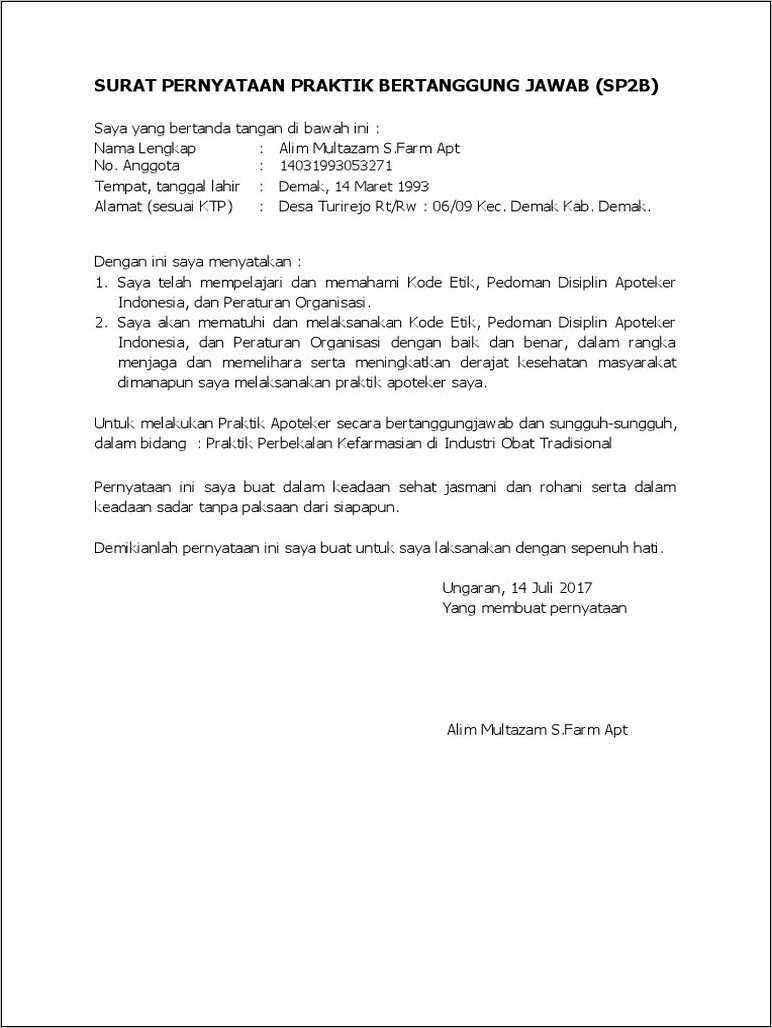 Contoh Untuk Surat Pernyataan Praktik Bertanggung Jawab Untuk Kepala Instalasi