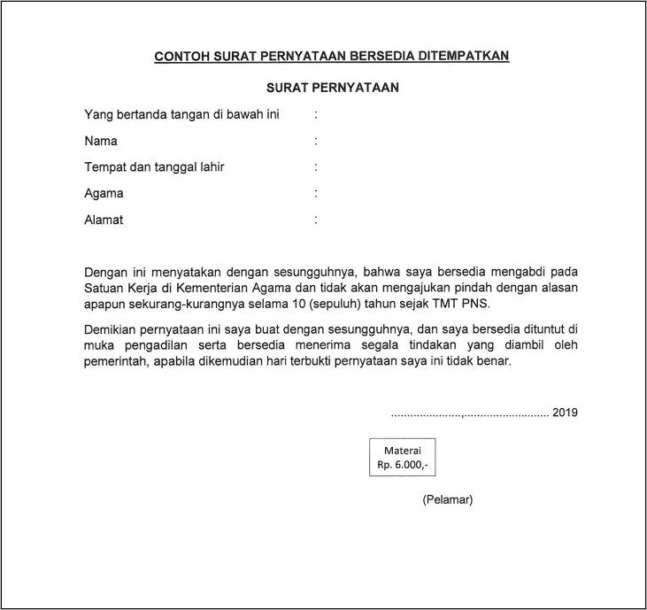 Download Contoh Surat Pernyataan Bersedia Ditempatkan
