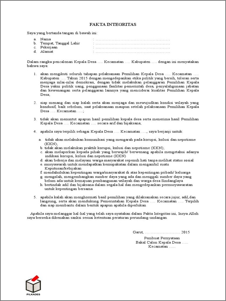 Download Contoh Surat Pernyataan Calon Pilkades