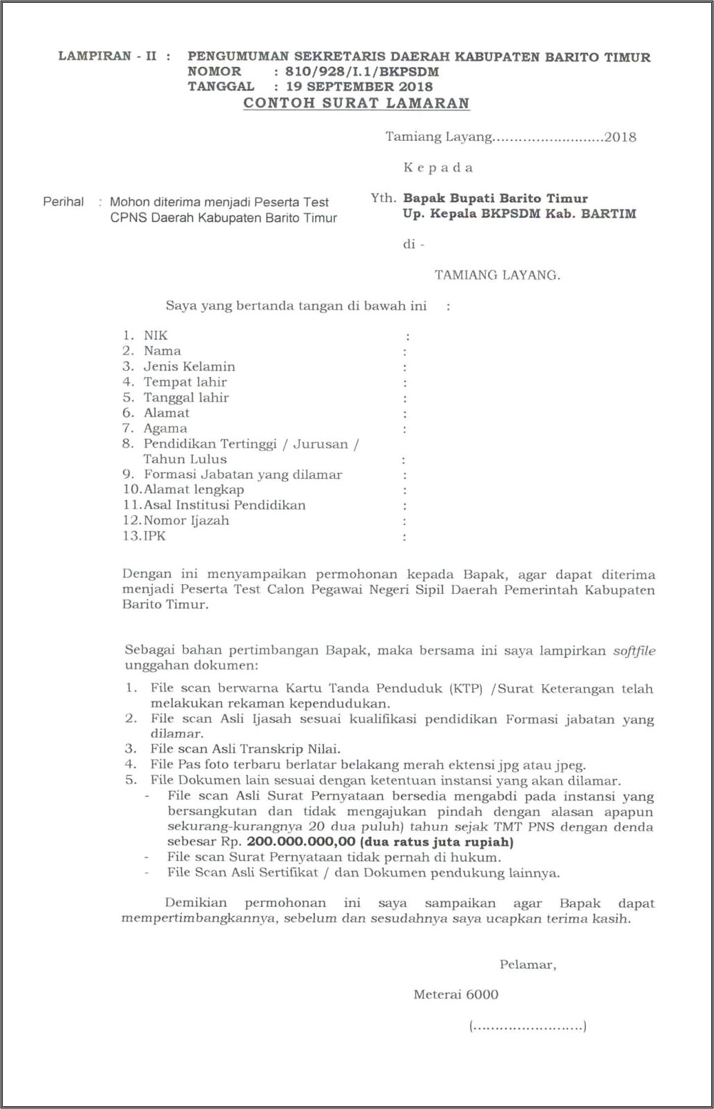 Download Contoh Surat Pernyataan Cpns Manggarai Barat