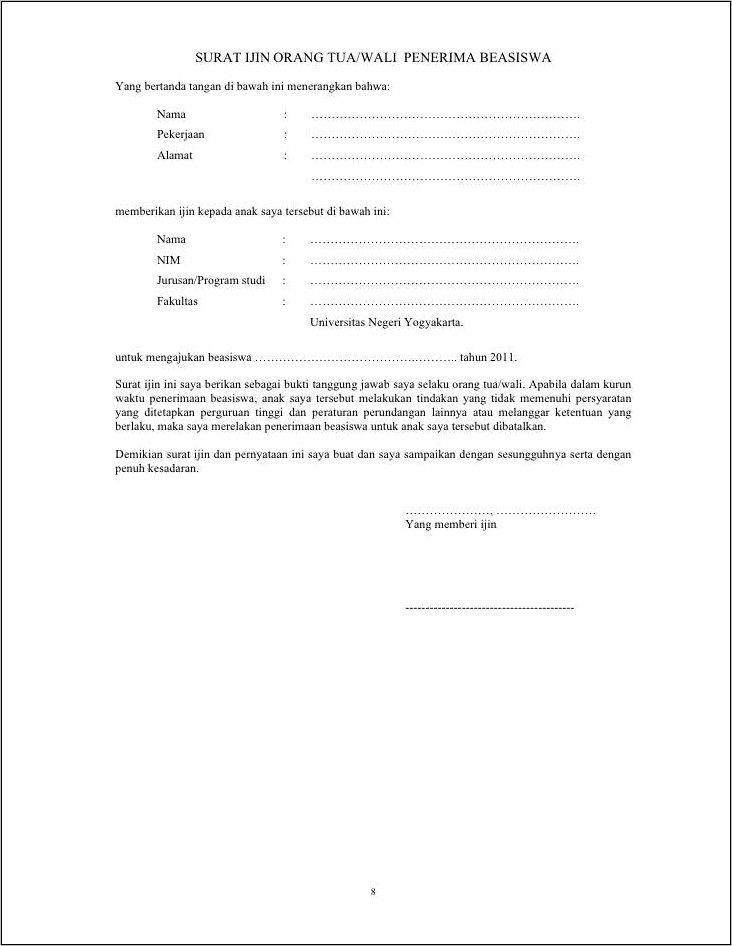 Download Contoh Surat Pernyataan Persetujuan Orang Tua Siswa