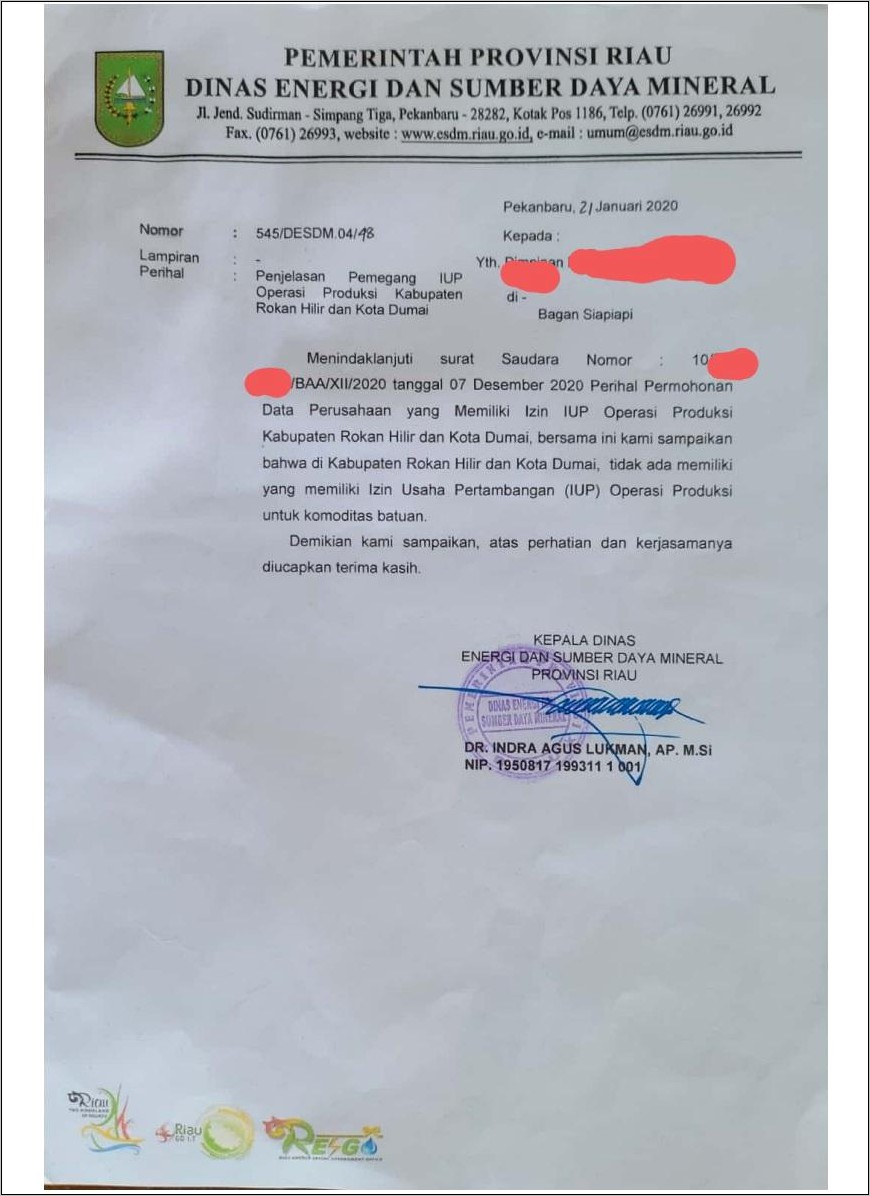 Kepala Dinas Penanaman Modal Contoh Surat Permohonan Izin Iup