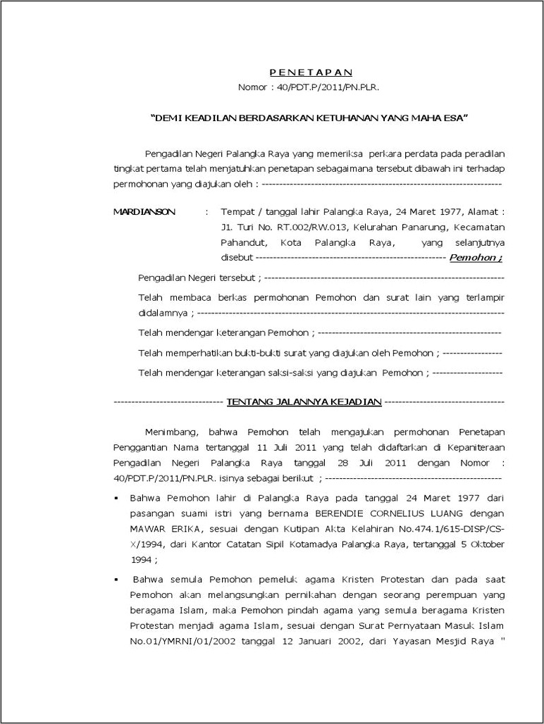 Pemohon Contoh Surat Permohonan Ganti Nama Di Kecamatan