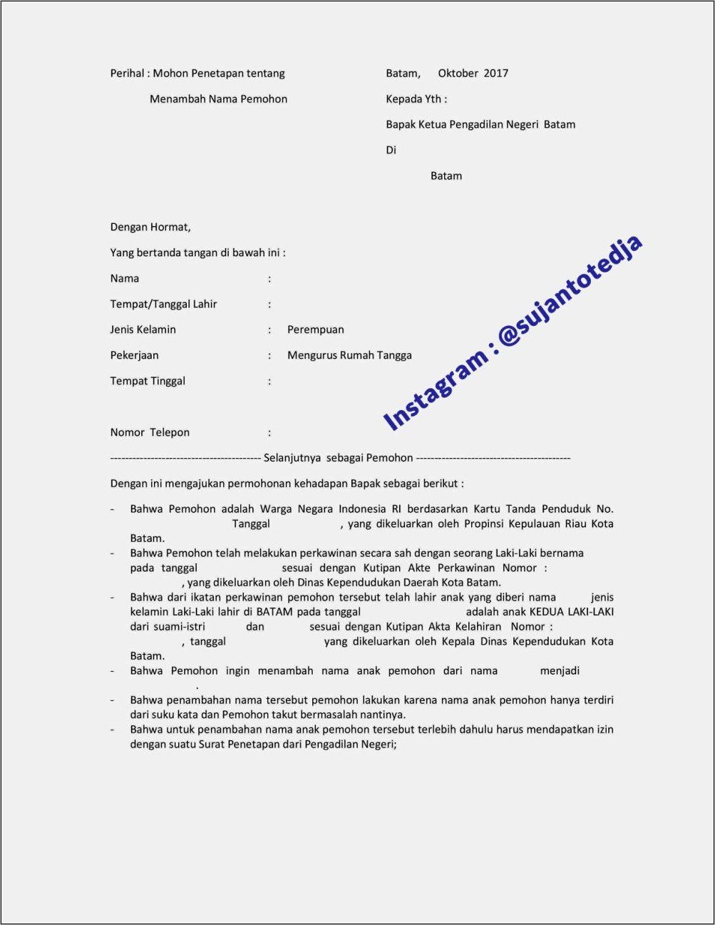 Pemohon Contoh Surat Permohonan Ganti Nama