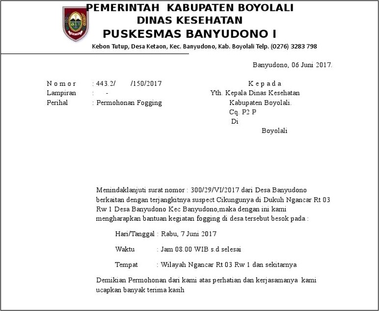 Surat Permohonan Fogging Ke Dinas Contoh