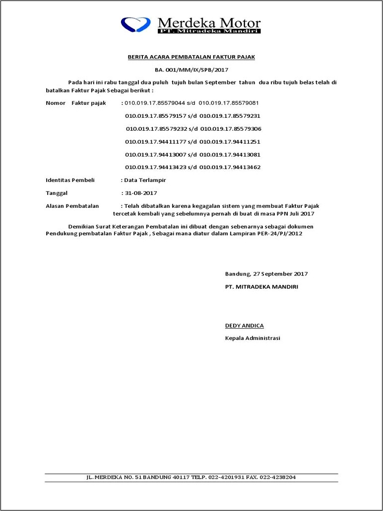 Surat Pernyataan Contoh Surat Pembatalan Faktur Pajak