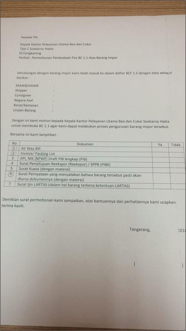 Surat Pernyataan Impor Barang Contoh